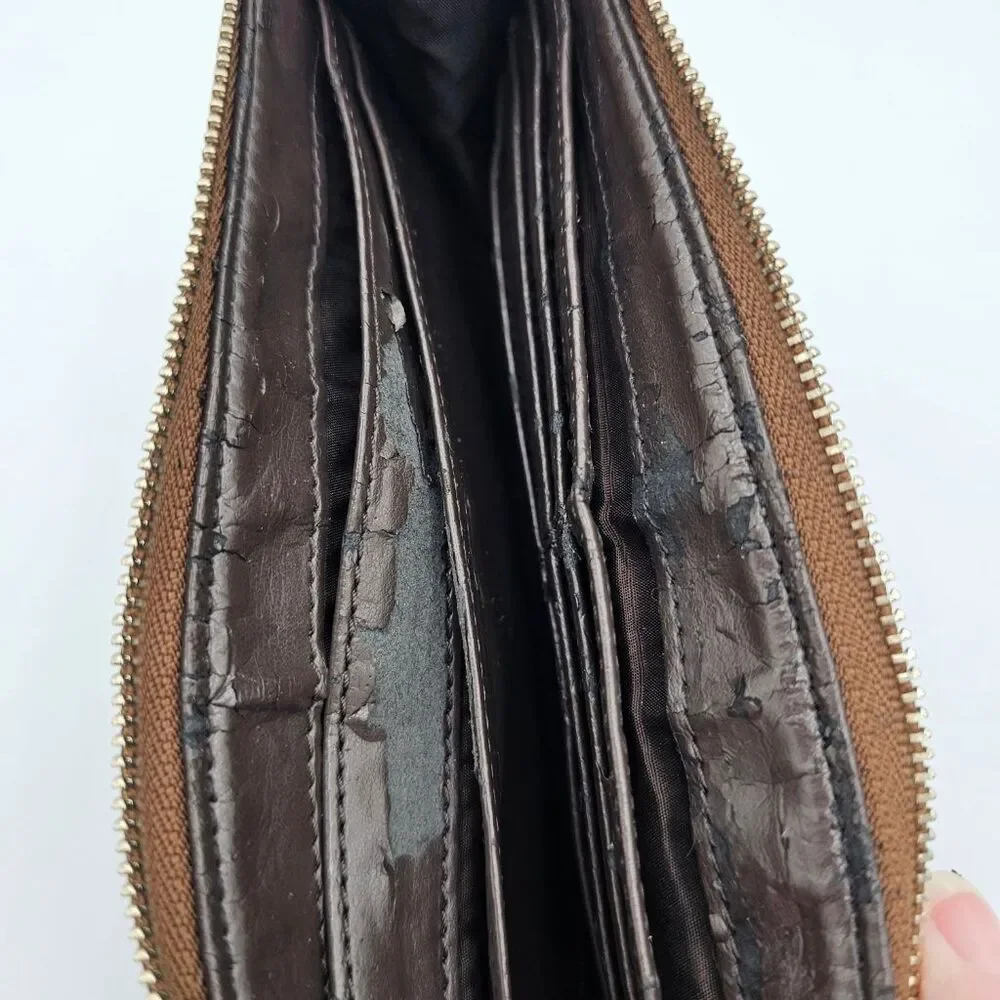 Coach Signature Jacquard Wristlet Wallet Khaki Brown Zip Clutch Leather Trim